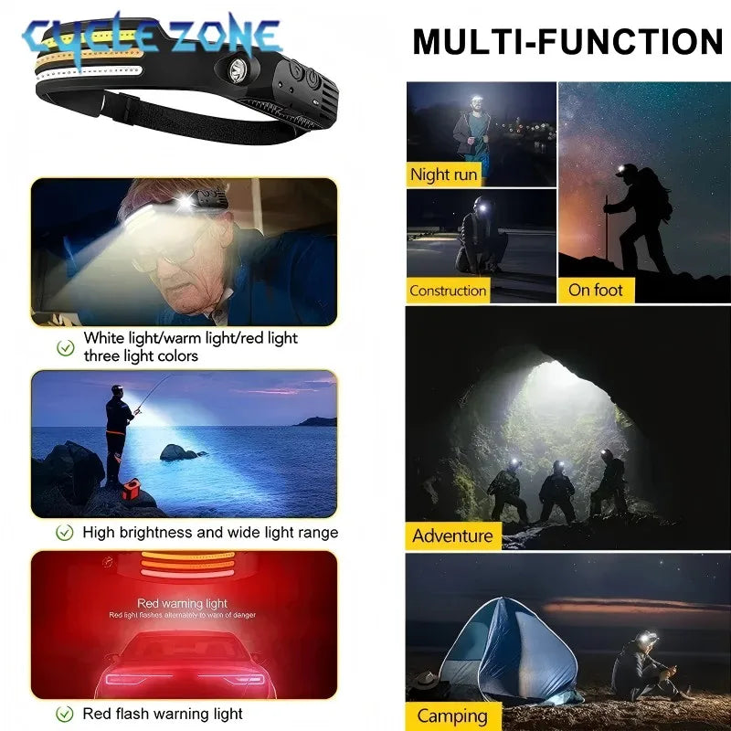Powerful COB LED Induction Headlamp Rechargeable Head Flashlight Built-In Battery Night Outdoor Camping Fishing Riding Headlight